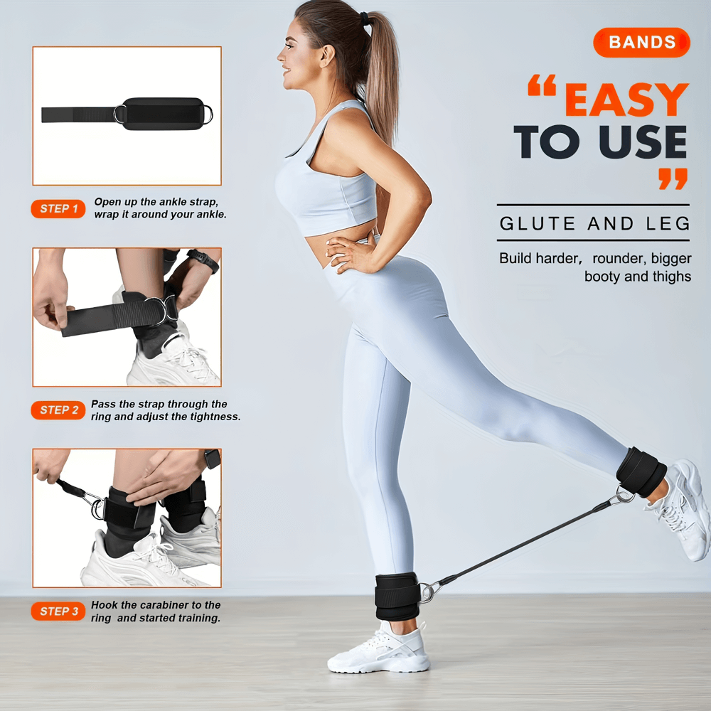 Woman using ankle resistance bands for glute and leg exercise with secure adjustable straps; anti-snap, durable TPE bands.