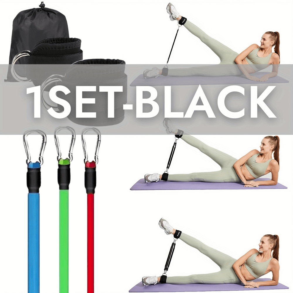 Woman using SF3002 ankle resistance bands for glute and leg workouts, with adjustable straps and colorful anti-snap design.