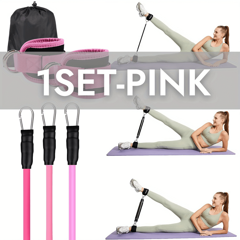 Pink ankle resistance bands set for leg and glute training with adjustable straps and storage bag displayed with exercises