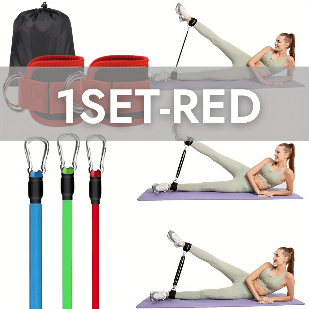 Woman using SF3002 ankle resistance bands with adjustable straps in red, green, and blue for leg and glute training on a yoga mat.