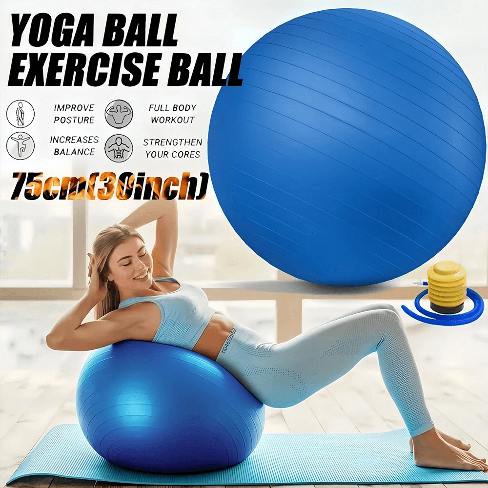 Blue anti-burst exercise yoga balance ball with pump, used by woman for core strengthening and stability on blue mat.