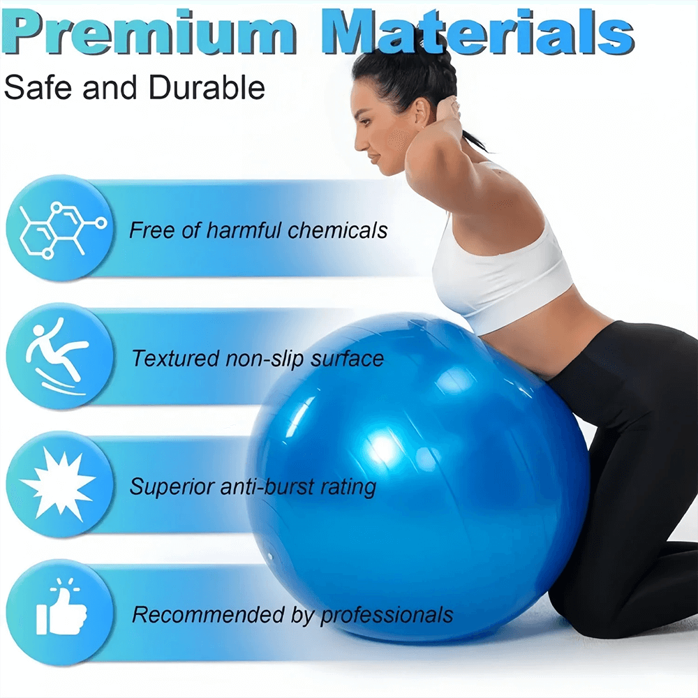 Woman using blue Swiss balance ball for stability with premium material features like anti-burst, non-slip surface, and safety.