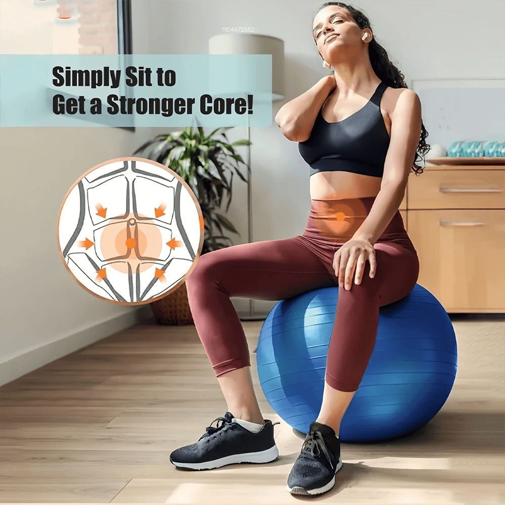 Woman using anti-burst exercise ball for core strengthening; 