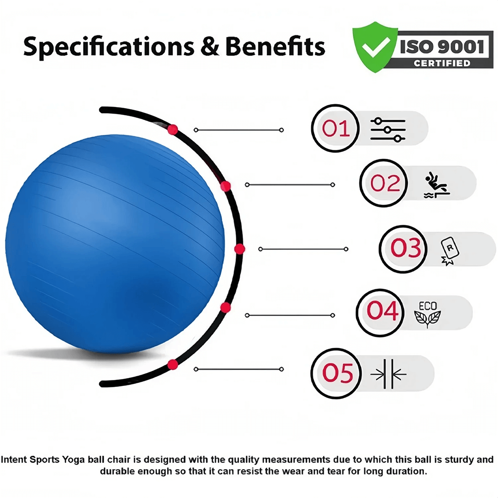 Blue anti-burst Swiss ball with ISO 9001 certification, highlighting specifications and benefits for fitness and pregnancy exercises.