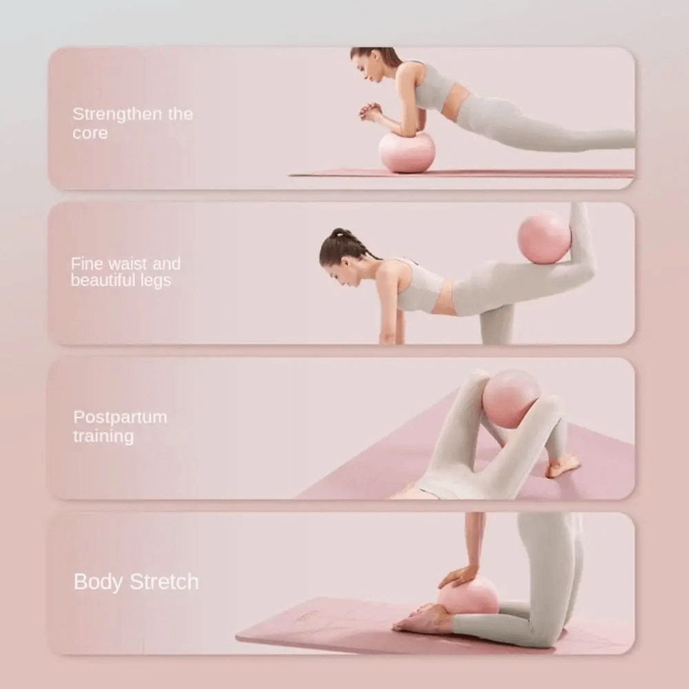 Woman using Pilates yoga ball for core strengthening, leg sculpting, postpartum training, and body stretch exercises.