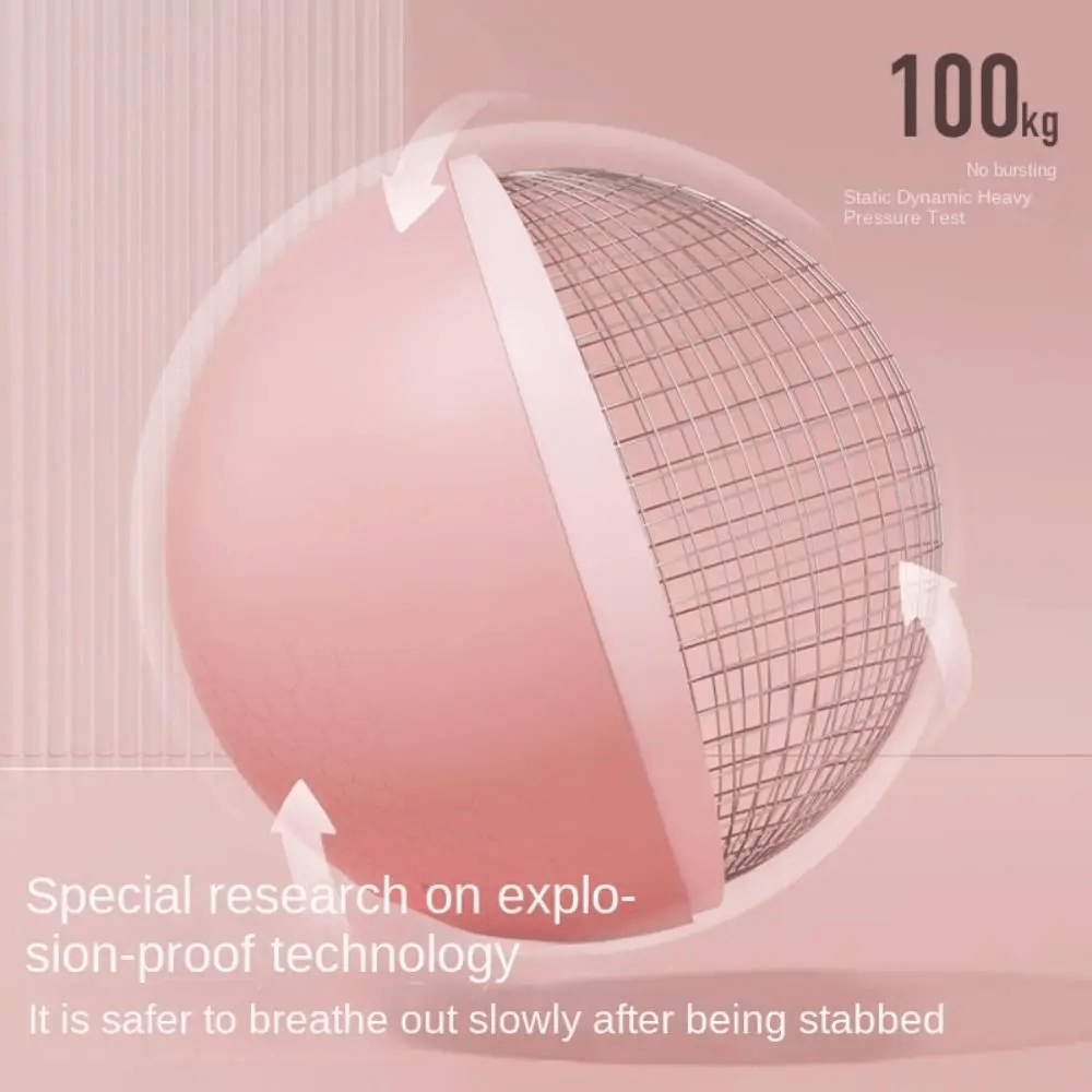 Anti-explosion pink pilates yoga ball with 100kg weight test label and core technology diagram, ideal for home workouts.