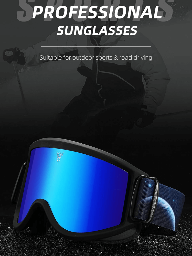 Blue-tinted anti-glare ski goggles with wide lens and adjustable strap, ideal for skiing and snowboarding in varying light conditions.