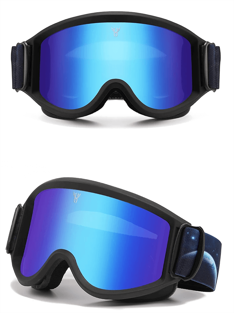 Anti-glare UV protection ski goggles SF2216 with wide blue lenses, adjustable strap, ideal for snowboarding and skiing.