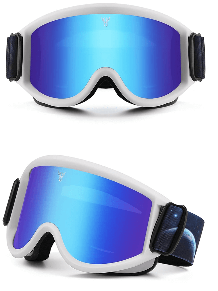 Anti-glare UV protection ski goggles SF2216 with wide blue lenses and adjustable strap for snowboarding and skiing.