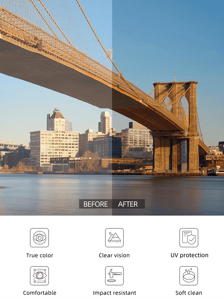 Comparison of bridge view with UV protection goggles showcasing true color and clear vision benefits.