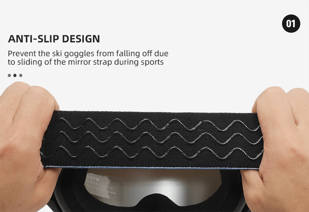 Hands holding anti-slip strap of SF2216 anti-glare UV protection ski goggles, highlighting design for secure fit during sports.