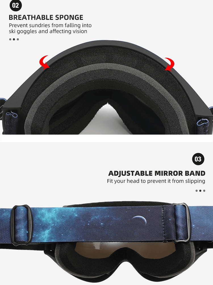 Close-up of ski goggles showing breathable sponge and adjustable strap with starry design.