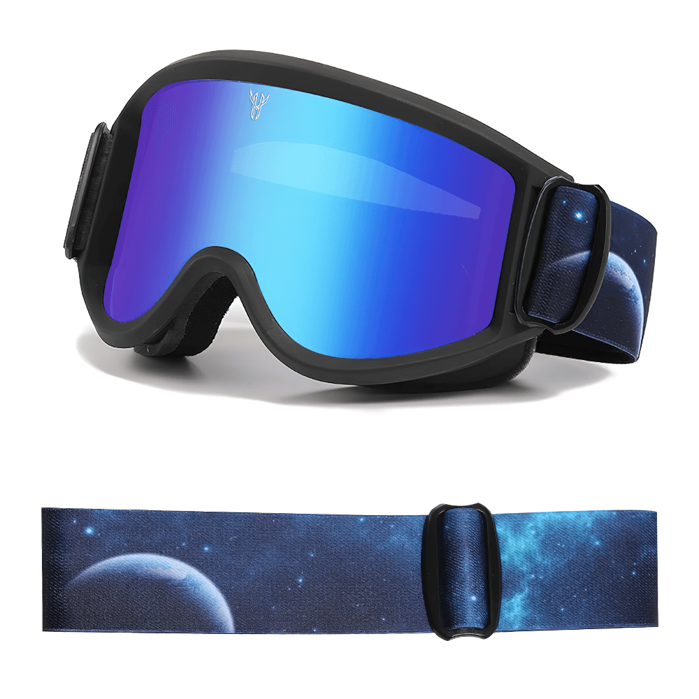 Sleek blue anti-glare UV protection ski goggles SF2216 with wide lenses, adjustable strap featuring cosmic design, ideal for snowboarding.