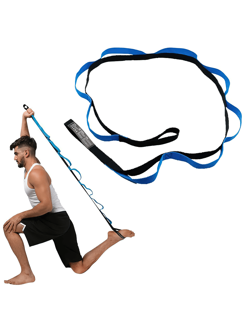 Man using Anti-Gravity Stretch Strap with loops for deep leg stretching in Pilates and yoga. Perfect for home, gym, or studio workouts.