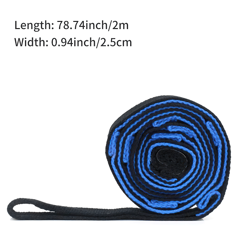 Rolled Anti-Gravity Stretch Strap with loops for Pilates, 2m length and 2.5cm width, in black and blue for flexibility training.