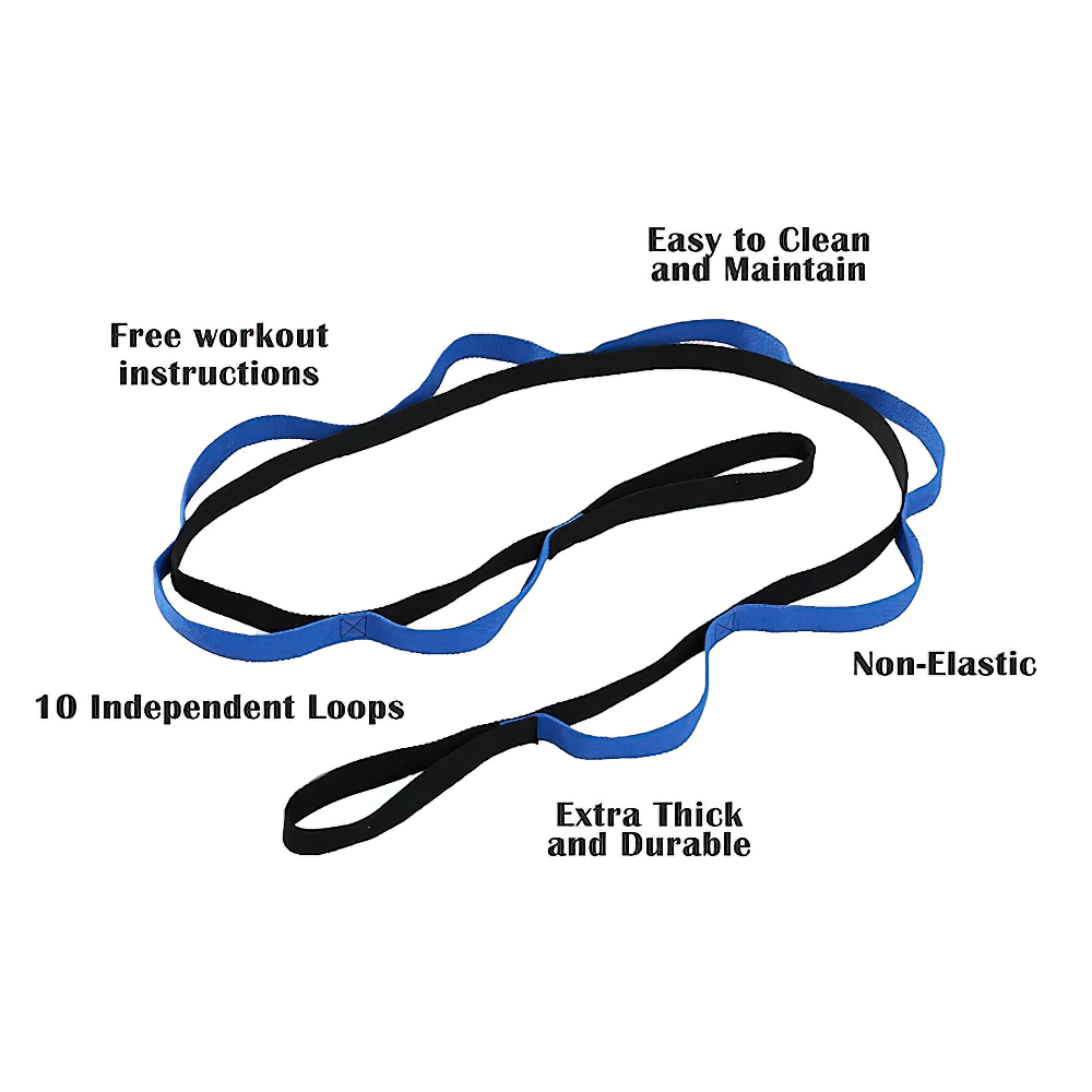Anti-Gravity Stretch Strap with loops for Pilates and yoga, featuring 10 independent loops, non-elastic, durable, and easy to clean.