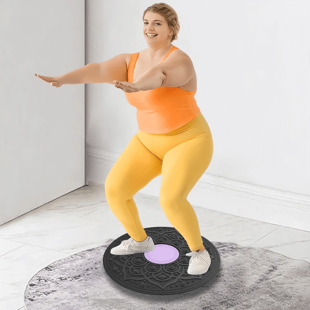 Person doing a squat on an anti-slip balance board for core training, showcasing strength and coordination at home.