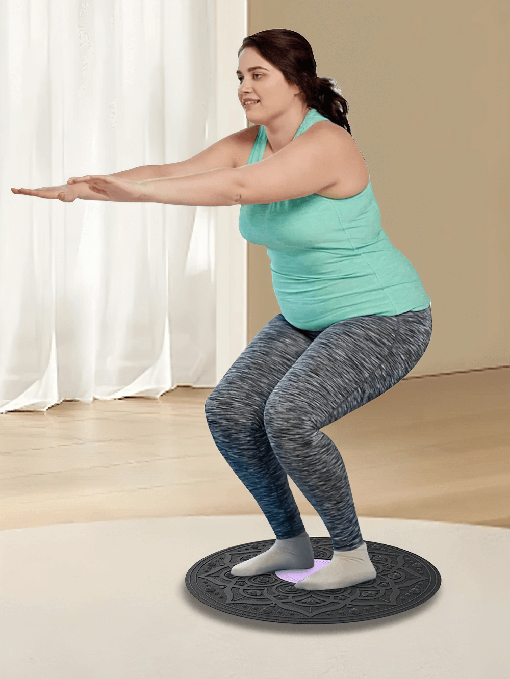 Woman doing squat on anti-slip balance board for core training and coordination, enhancing strength and stability. Perfect home workout gear.