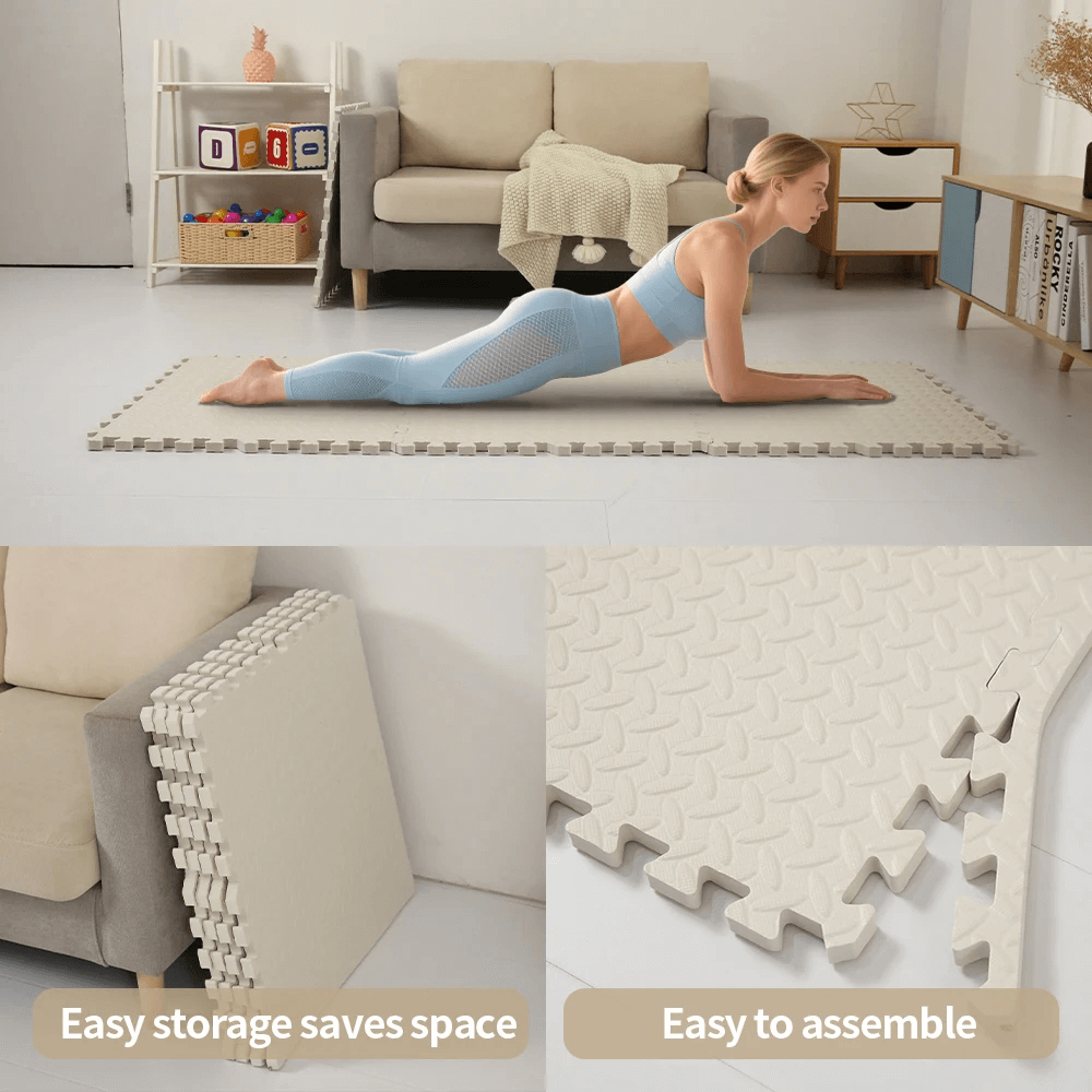 Person doing yoga on Anti-Slip Cushion Floor Mat for Home and Gym Use - SF3469, showcasing easy storage and assembly features.