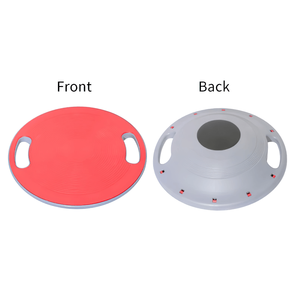 Front and back view of the Anti-Slip Fitness Balance Board with Handles - SF3501 in red and gray color.
