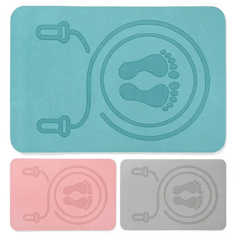 Set of anti-slip TPE yoga mats in blue, pink, and gray with foot and rope design, ideal for exercise and skipping.