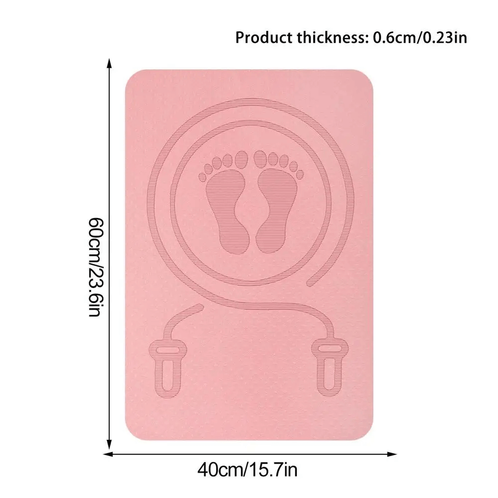 Pink anti-slip TPE yoga mat with skipping rope design, dimensions 60cm x 40cm x 0.6cm, ideal for exercise and shock absorption.