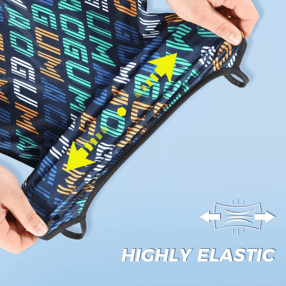 Hands stretching Anti-UV Motorcycle Printed Neck Gaiter with ear loops, showcasing high elasticity and ice-cooling fabric design.