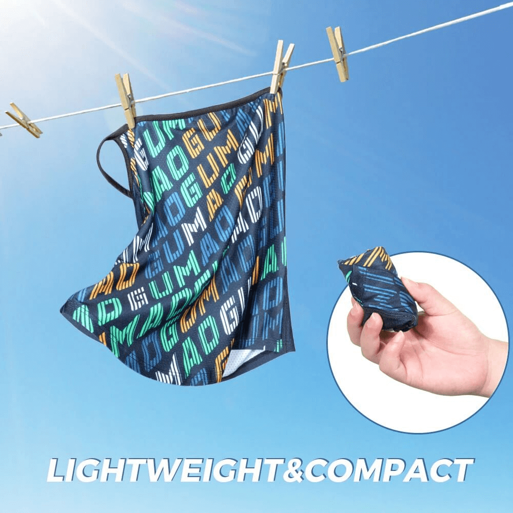 Colorful anti-UV motorcycle neck gaiter with ear hanging drying on a clothesline; lightweight, compact, and breathable design displayed.