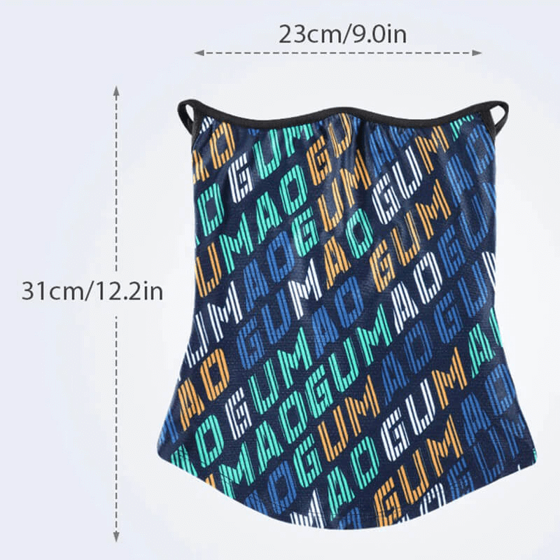 Anti-UV motorcycle neck gaiter with ear hanging, blue print, 23cm x 31cm, lightweight, breathable, ice-cooling, windproof design.