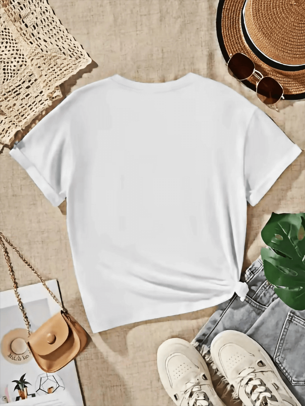 Apple and Flower Print Cotton Short-Sleeved Tee - SF3951 laid out with summer accessories