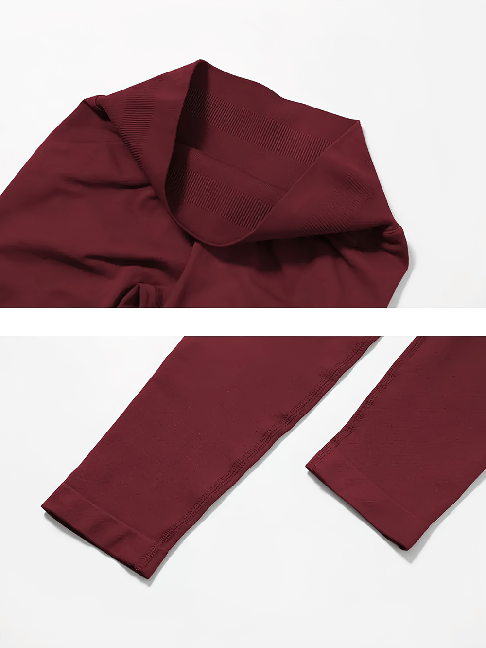 Close-up of a maroon seamless leggings set showing fabric details and asymmetric design for stylish workouts.