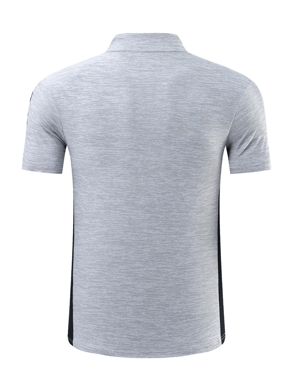 Back view of a men's lightweight gray athletic breathable fit zip high collar t-shirt, ideal for sports and casual outings.