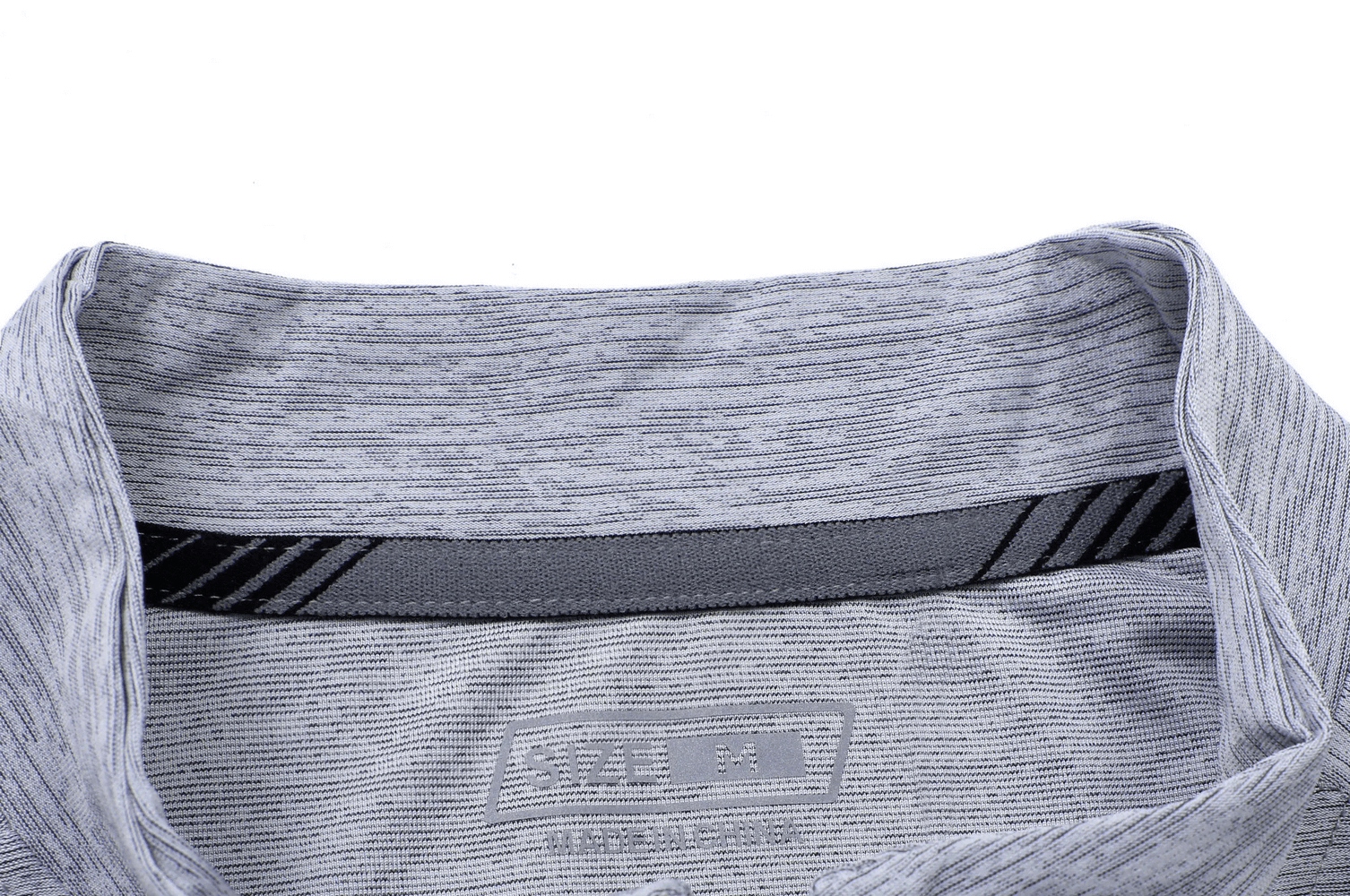 Close-up of Athletic Breathable Fit Zip High Collar T-Shirt in gray, showcasing the stylish zip collar and textured quick-dry fabric.