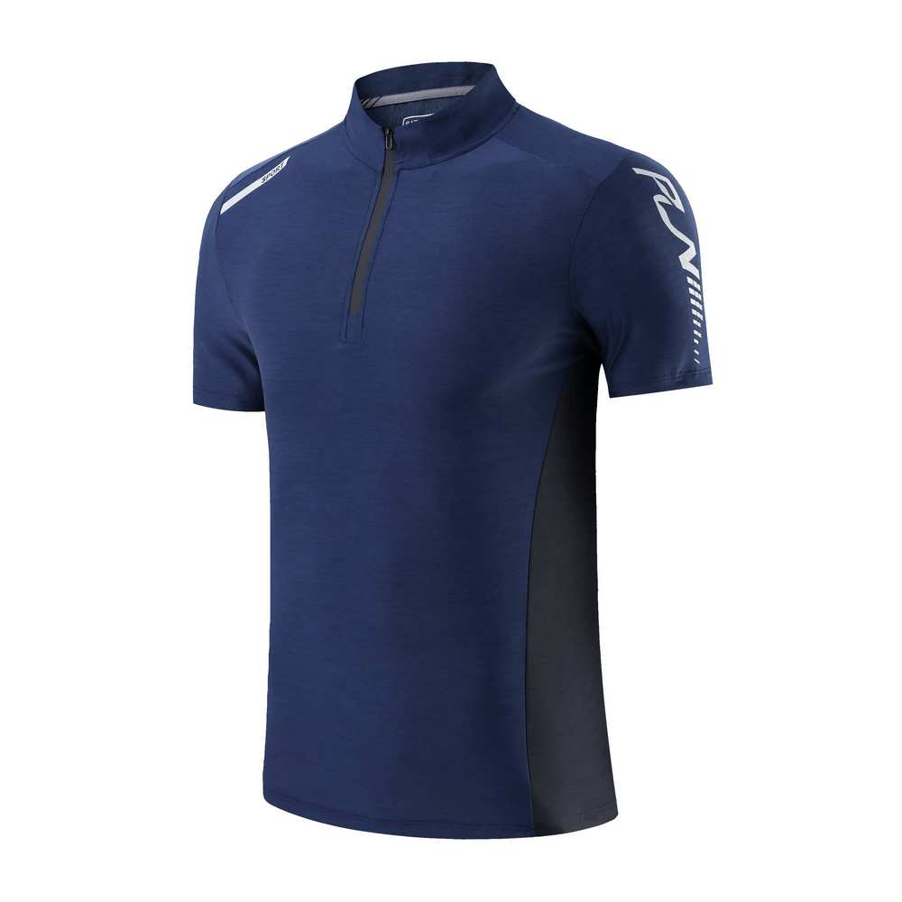 Athletic breathable fit zip high collar t-shirt SF2158 in navy blue, showcasing sporty design and quick-dry fabric for men
