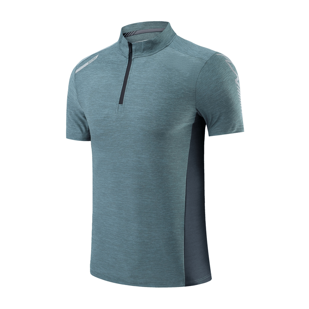 Blue athletic breathable fit zip high collar men's t-shirt, quick dry for sporty adventures, style SF2158.