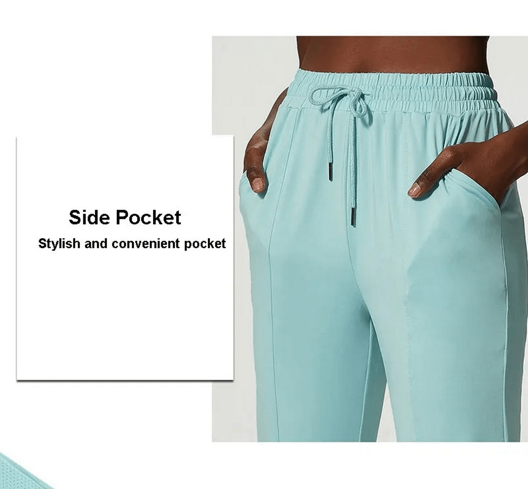 Close-up of women's athletic pants in light blue showing a stylish and convenient side pocket, ideal for sporty lifestyles.