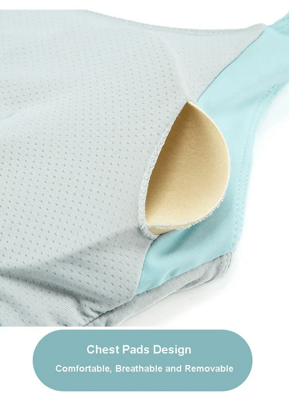 Close-up of athletic top with removable chest pads, highlighting breathable design in light blue and grey tones.