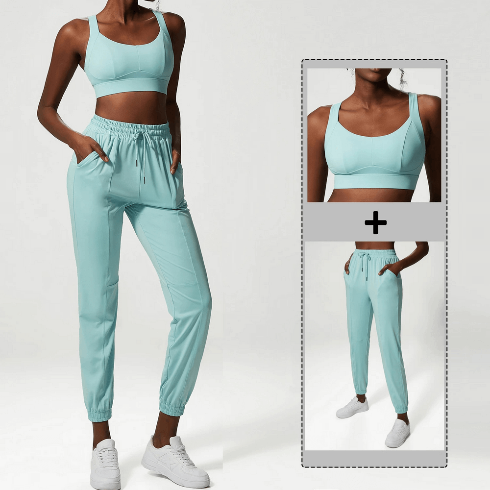 Women's three-toned athletic clothing set featuring breathable and quick-drying fabric for active lifestyles.