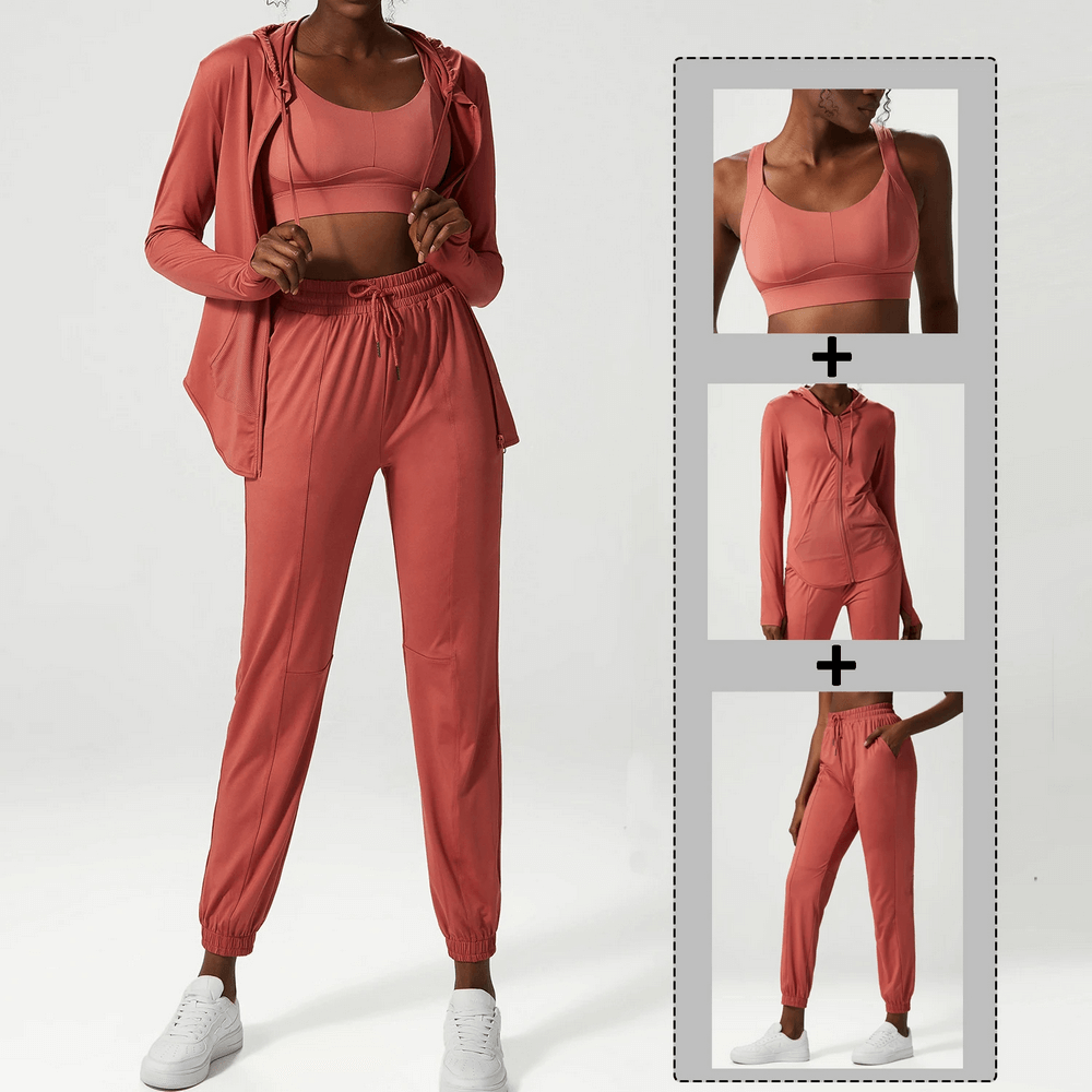 Three-toned women's athletic clothing set SF2090 in coral, featuring a sports bra, jacket, and joggers, stylish and breathable.