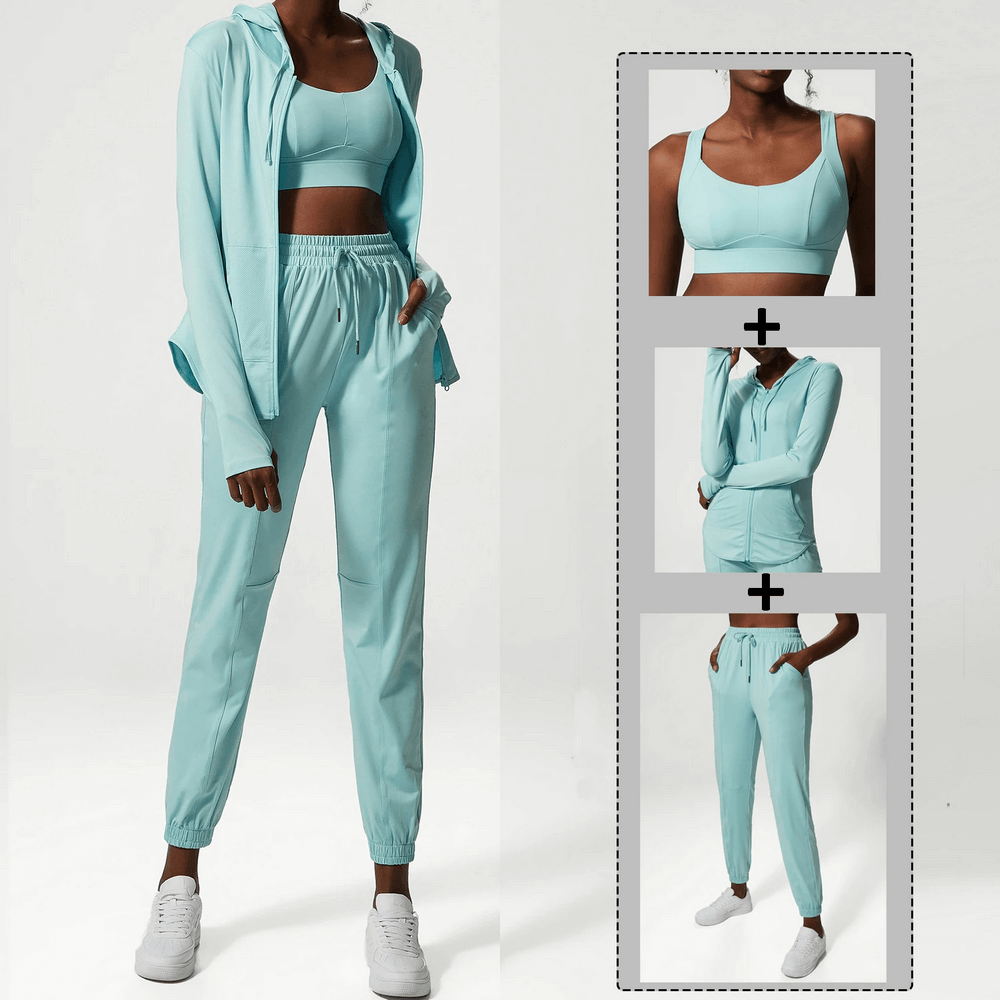 Turquoise women's three-piece athletic clothing set, including jacket, sports bra, and pants. Stylish, breathable, and quick-drying.