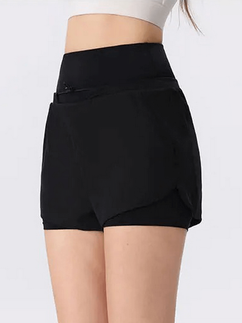 Black high waist women's athletic shorts SF2232, lightweight and breathable, ideal for gym or summer activities.