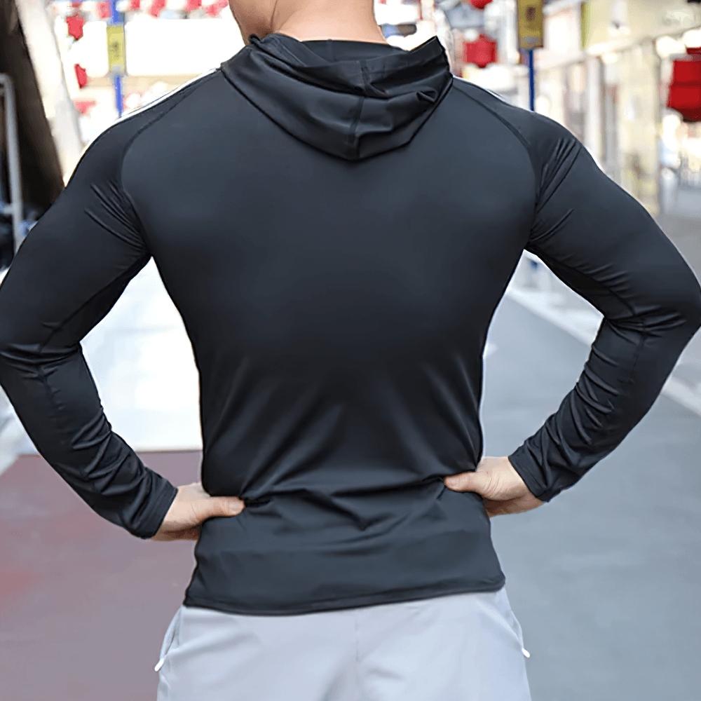Athletic Hooded Training Top with Stripe Sleeves - SF4590 back view, showcasing the sleek design and fitted silhouette.