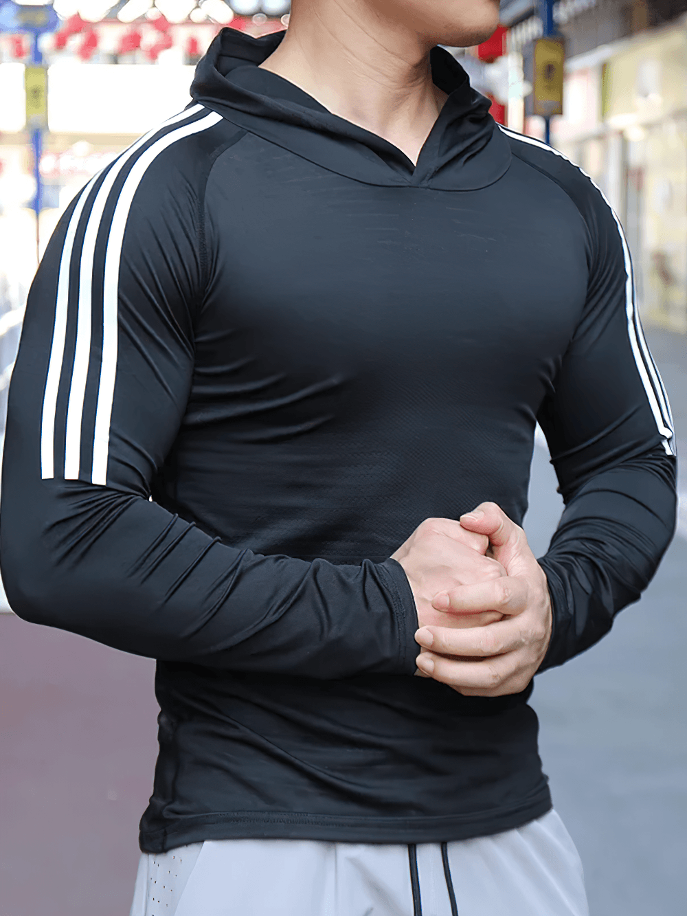 Athletic Hooded Training Top with Stripe Sleeves - SF4590 model showcasing athletic fit and stylish design.