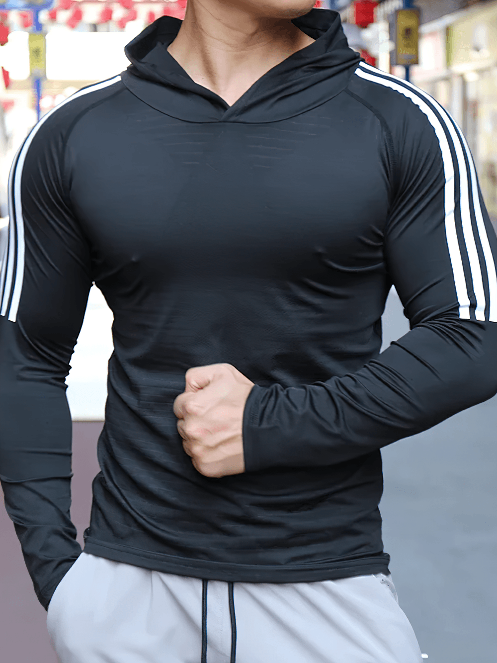 Athletic Hooded Training Top with Stripe Sleeves - SF4590, long sleeve sport hoodie for gym and running.