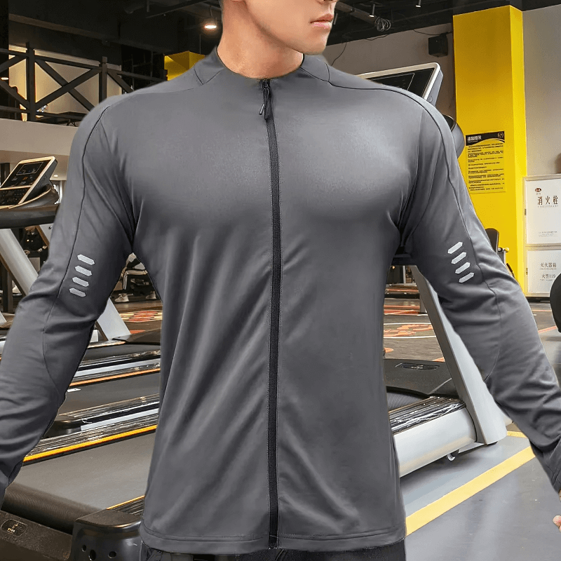 Athletic long sleeves zip-up running jacket for men, lightweight cotton, zipper closure, shown in a gym setting, style SF1936