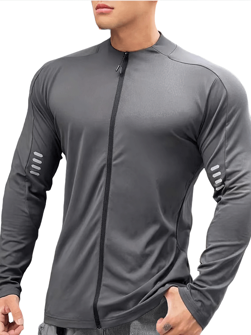 Athletic Long Sleeves Zip-Up Running Jacket SF1936 in dark gray, designed for male runners with zipper closure and lightweight cotton material.