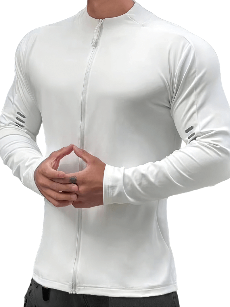 Men's Athletic Long Sleeves Zip-Up Running Jacket SF1936 in white, lightweight cotton, zipper closure, enhances range of motion.