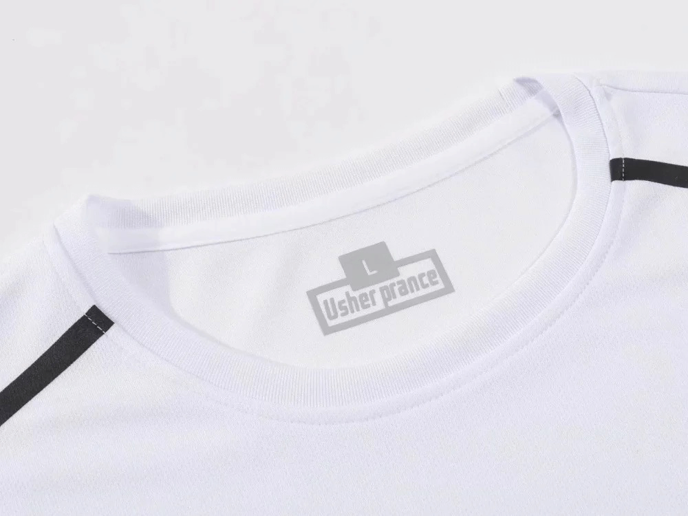 Close-up of white O-neck sportswear set for men, SF2017, showcasing breathable polyester fabric for fitness and running.