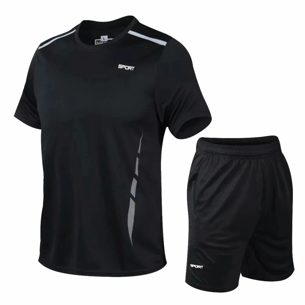 Athletic O-Neck Sportswear Set for Men - SF2017 in black, perfect for running, bodybuilding, and football. Durable polyester gear.