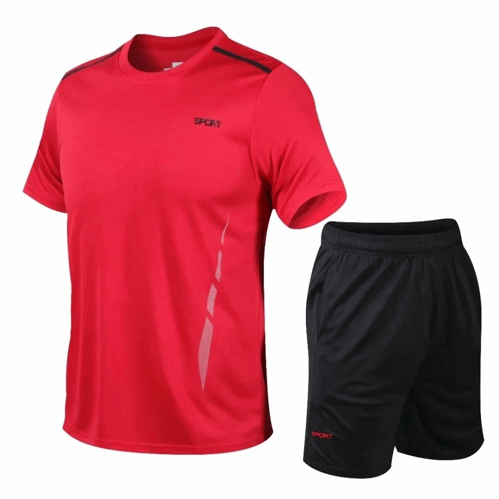 Athletic O-Neck Sportswear Set SF2017 in red and black for men; breathable polyester running gear perfect for gym or sports activities.